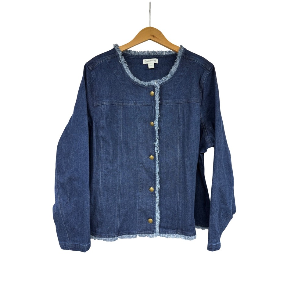 Coldwater Creek Womens 2X Denim Jacket Dark Wash Frayed Fringe Trim Blue Boho